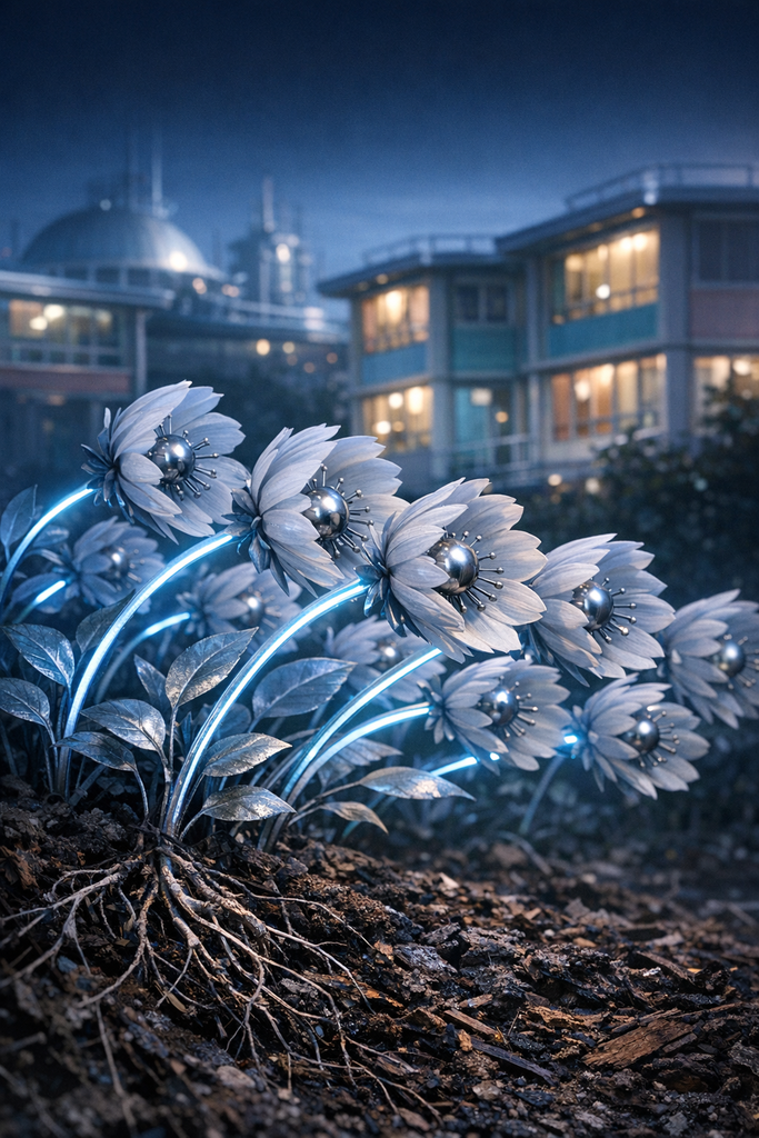 Under blue security lights, the night-blooming Atomic Flowers kept leaning, petal by petal, as if listening through the soil.