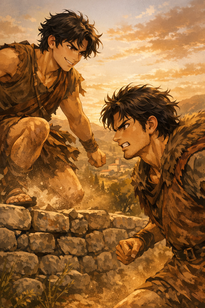 On that line, Remus leaped the wall in scorn, and Romulus answered with terrible speed.