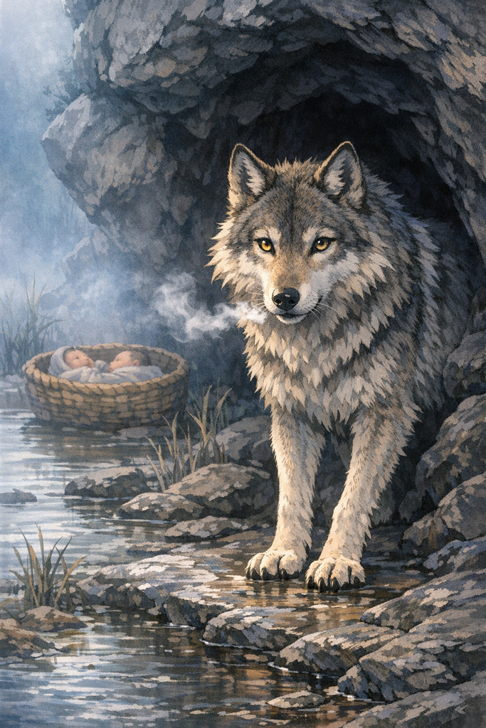 In that hush, a she-wolf stepped from the rocks with white breath and watchful eyes.