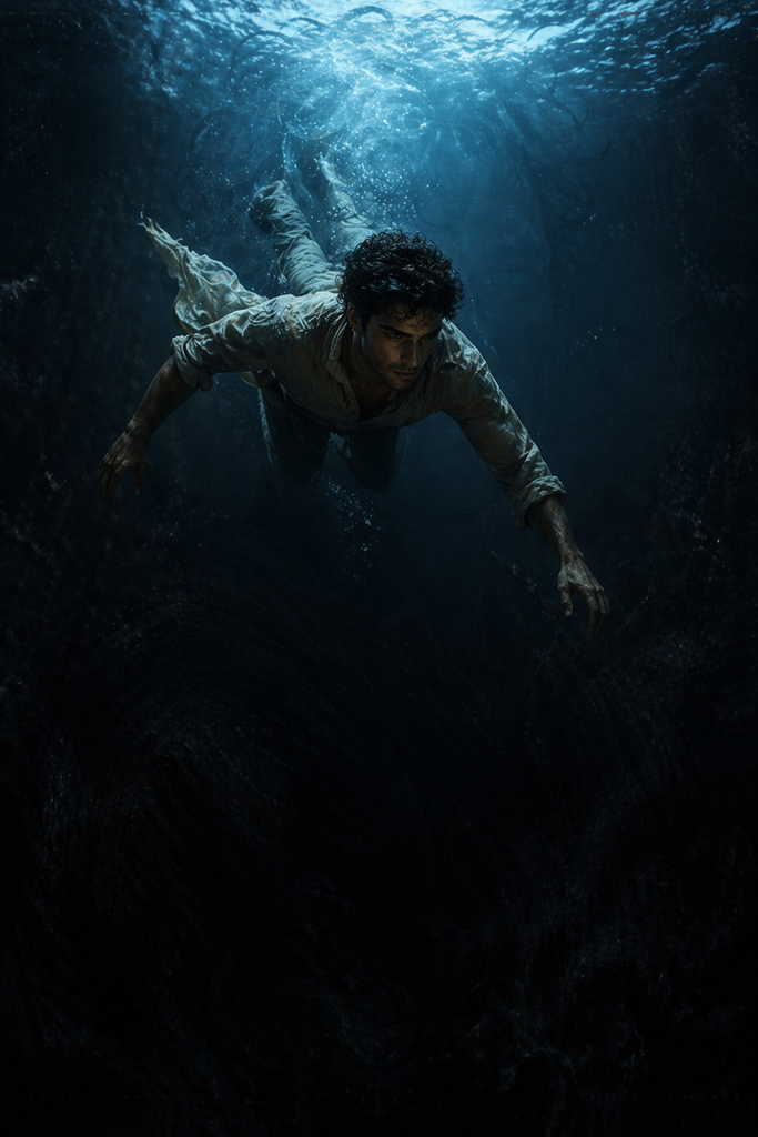That last glint pulled Cola past the blue he knew and into water black as iron.