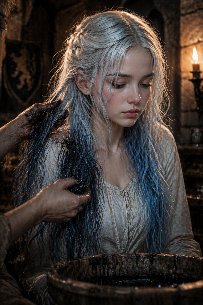 Those hushed halls watched her mother rub dark dye through Azzurrina's white hair.