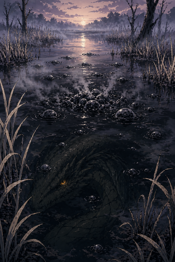 Where Tarantasio had roared, the marsh only breathed foul gas through silver mist.