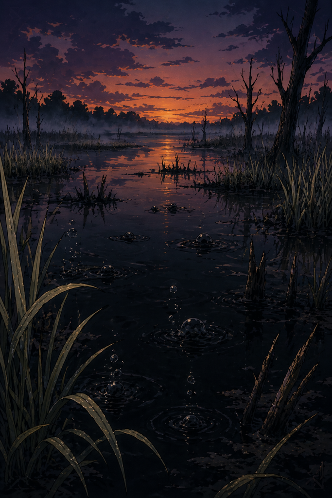 At dusk, Lake Gerundo lay flat and black, while pale bubbles climbed through the reeds.