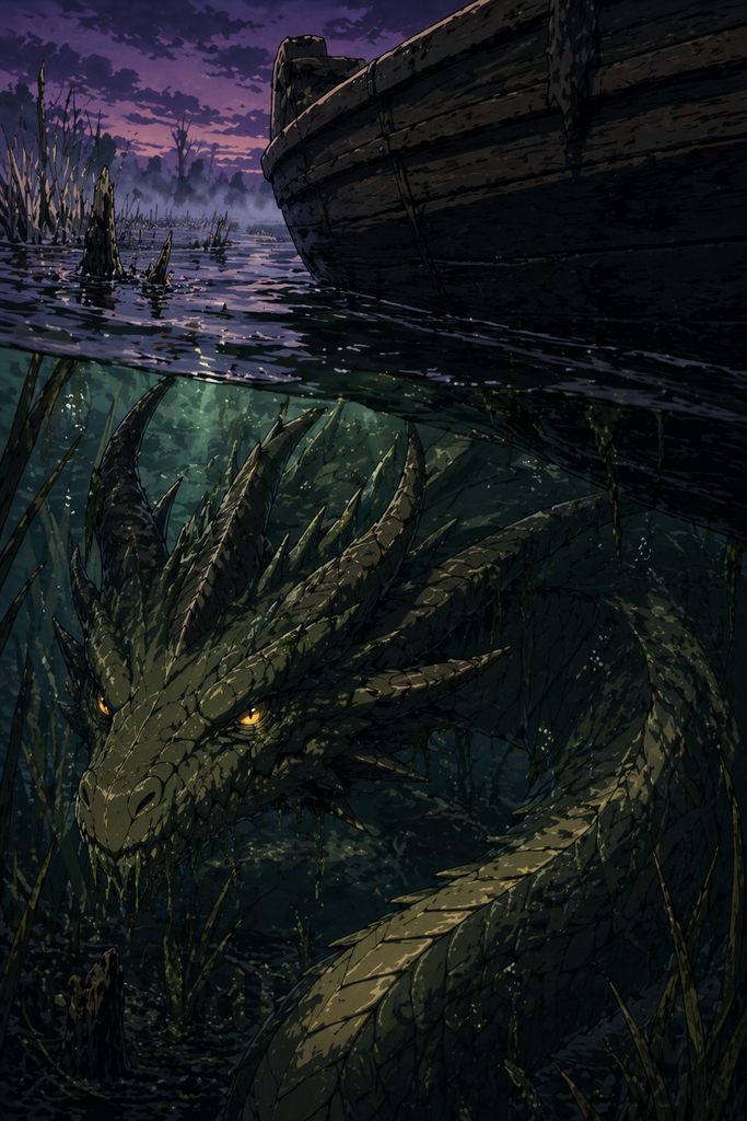 Beneath that rocking boat, Tarantasio moved like a buried storm, long coils sliding under the hull.