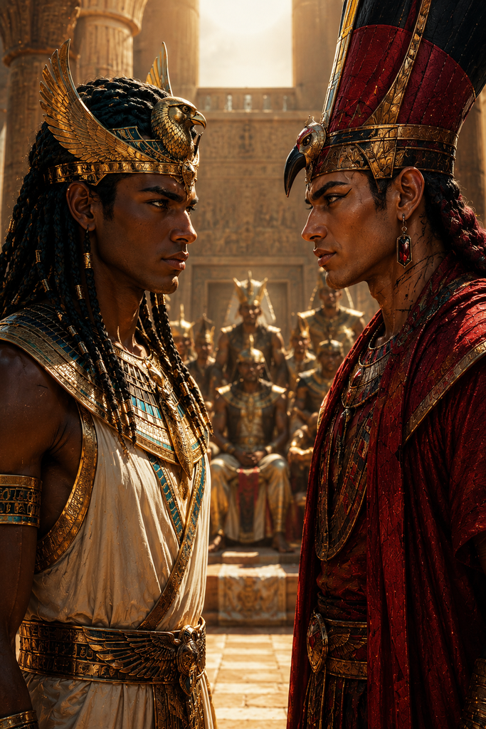 The challenge shook heaven, and Horus met Set in contests of strength and law.