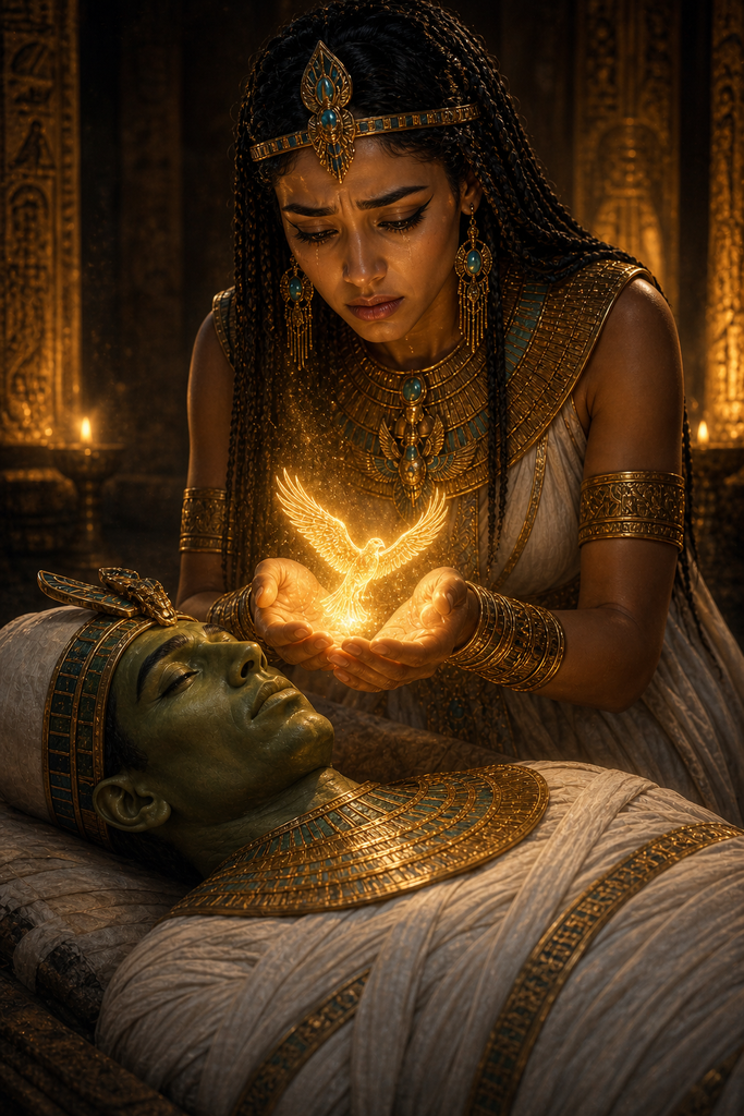 From the tomb's stillness, Isis drew one brief breath of magic and stirred new life.