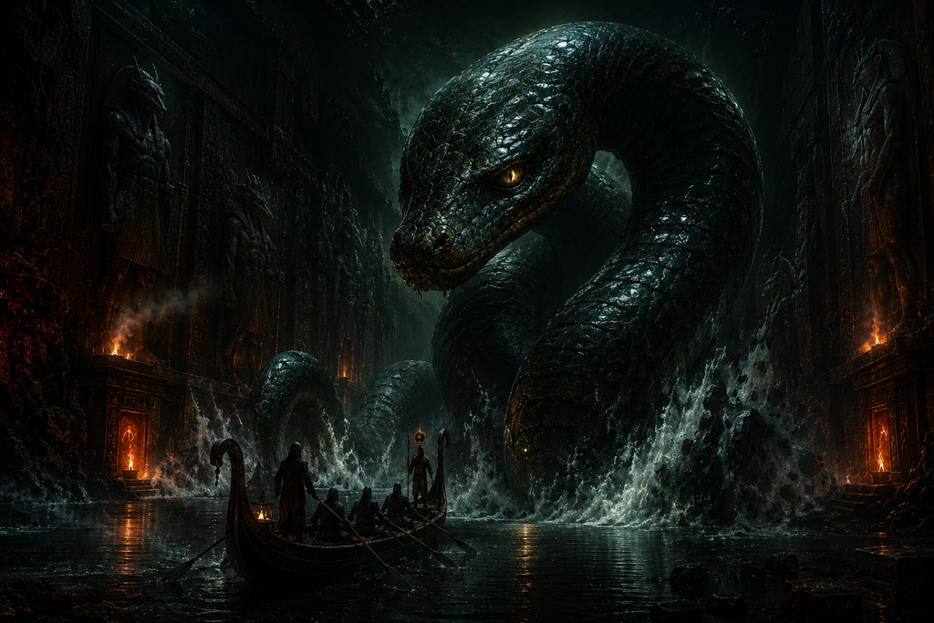 From a split in the water, Apep rises in endless coils, blotting stars from the underworld ceiling with scales like wet stone.