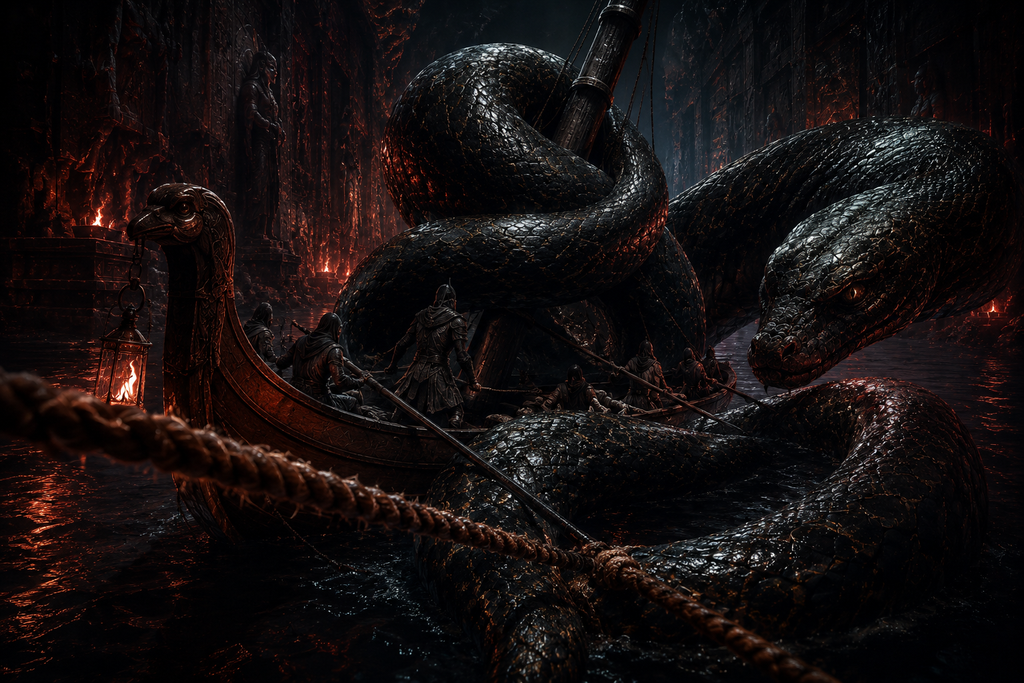 The solar barque shudders once, then stops, trapped inside a living knot that tightens around the mast.