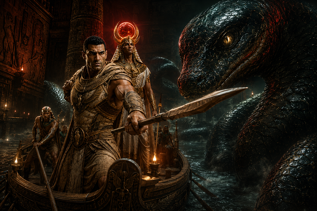 Set plants his feet at the bow, spear steady, while Ra stands at the prow and the red light hardens on his face.