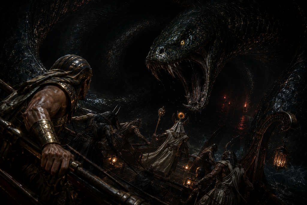 The darkness folds over the deck, and every god grips the rail as the boat tilts toward Apep's open jaws.