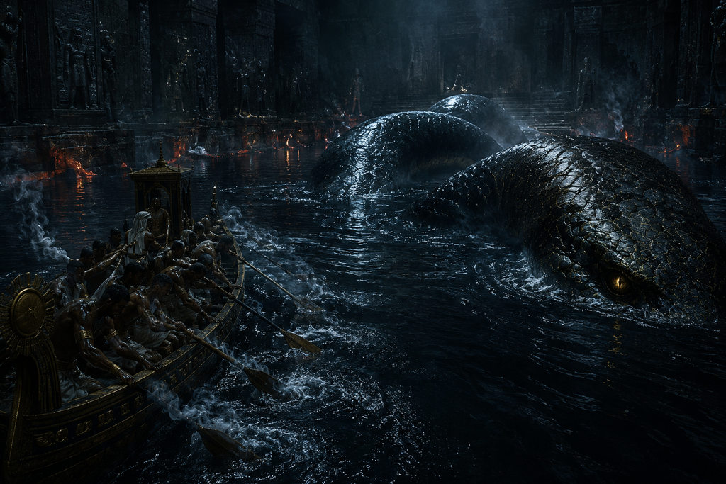 Apep sinks back into the black water, undefeated, while the crew leans into the oars with smoke on their hands.