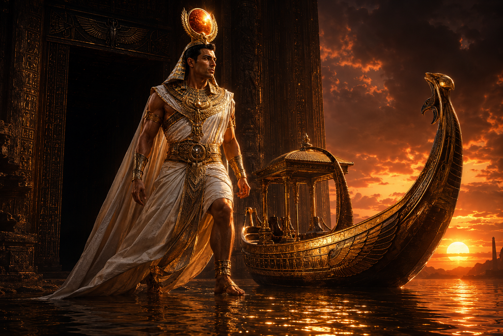 Ra steps into the western glow, and the solar barque slips beneath the horizon like a gold breath going underwater.