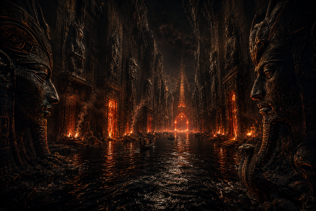 Behind him, daylight seals shut, and ahead the Duat opens with black rivers, fire gates, and walls carved with staring faces.
