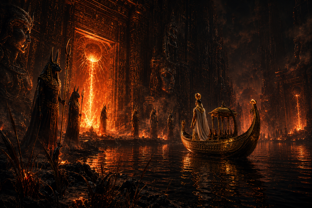 Protective spirits wait along the banks while heat from the gates shivers across the hull.