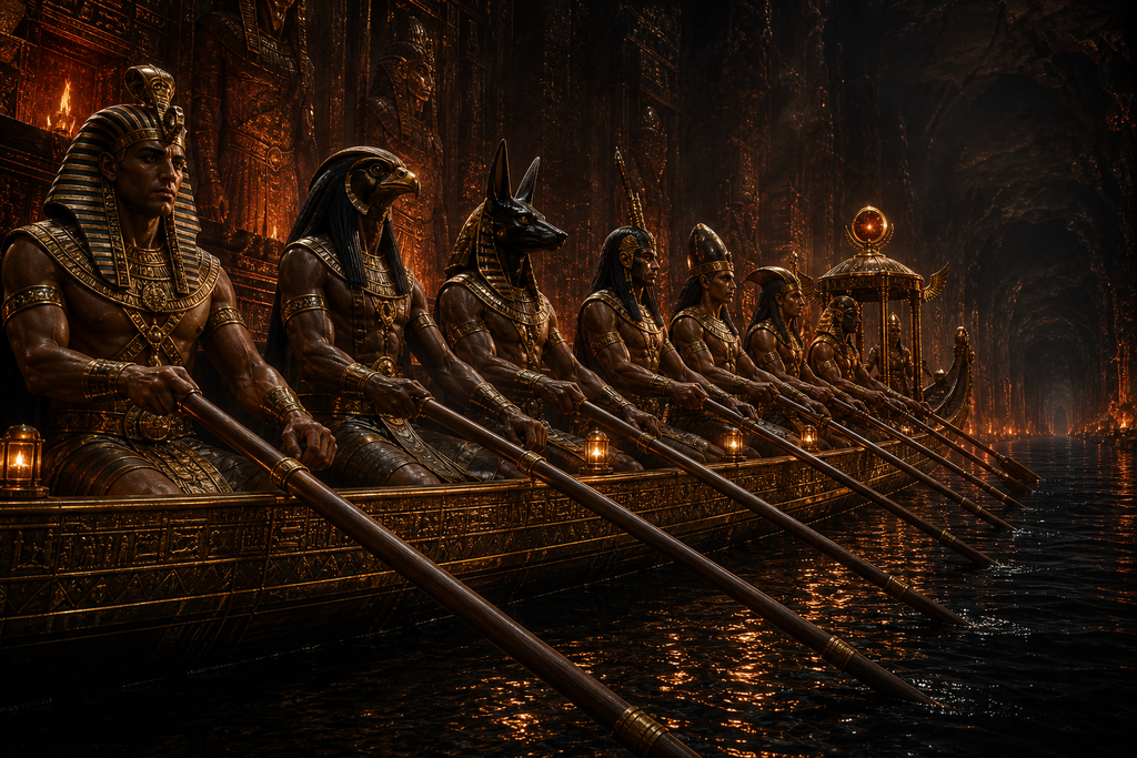 Silent gods brace at the oars.