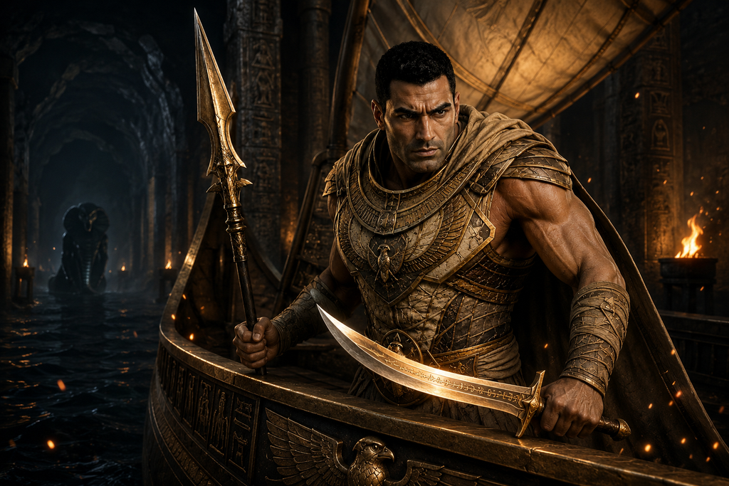 Torchlight flashes across Set's blade, but even he keeps his eyes on the water.