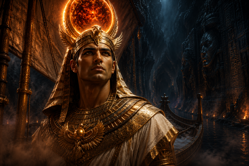 The sun disk above Ra burns smaller and redder while the current pulls the boat through caverns that seem to inhale.