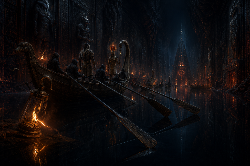 Oars freeze in the air, and the lamps along the deck bend low as if the dark has learned to breathe.