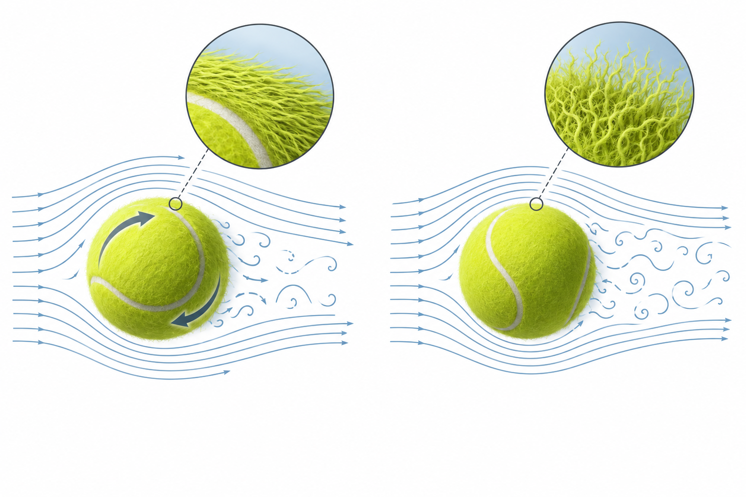 Illustration comparing airflow around tennis balls as their felt fibers shift between flattened and upright orientations.