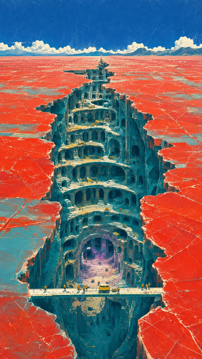 The city beneath the glass desert Portrait matte screenprint of a scarlet glass desert split open above a vast turquoise, terraced underground city. Tiny survey crews cross a bridge and work through stacked chambers around one violet-lit mineral deposit.