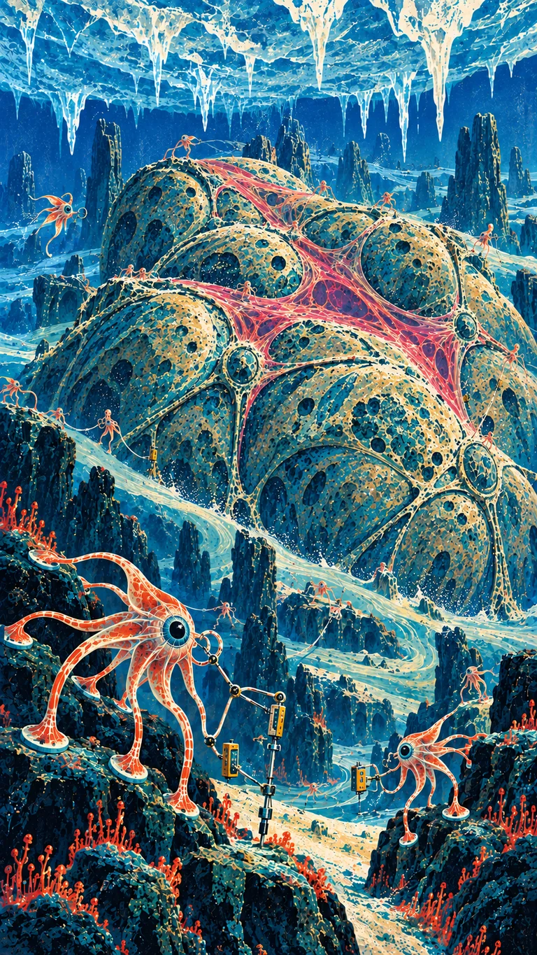 Portrait screenprint beneath a fractured ice ceiling, showing an immense doorless vessel made from nested mineral lobes. Flexible radial alien archaeologists survey vivid raspberry membranes with separate instruments in strong under-ice currents.