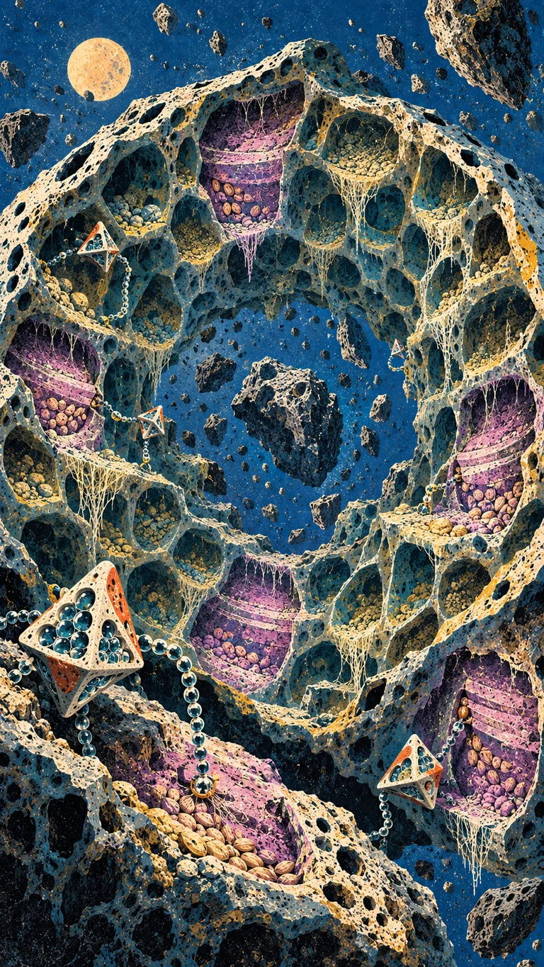 Portrait spherical cutaway of a hollow rubble-pile asteroid whose opposing surfaces contain repeated mineral cells and violet residue layers. Tetrahedral alien colonies anchor to several faces with separate bead-chain instruments.