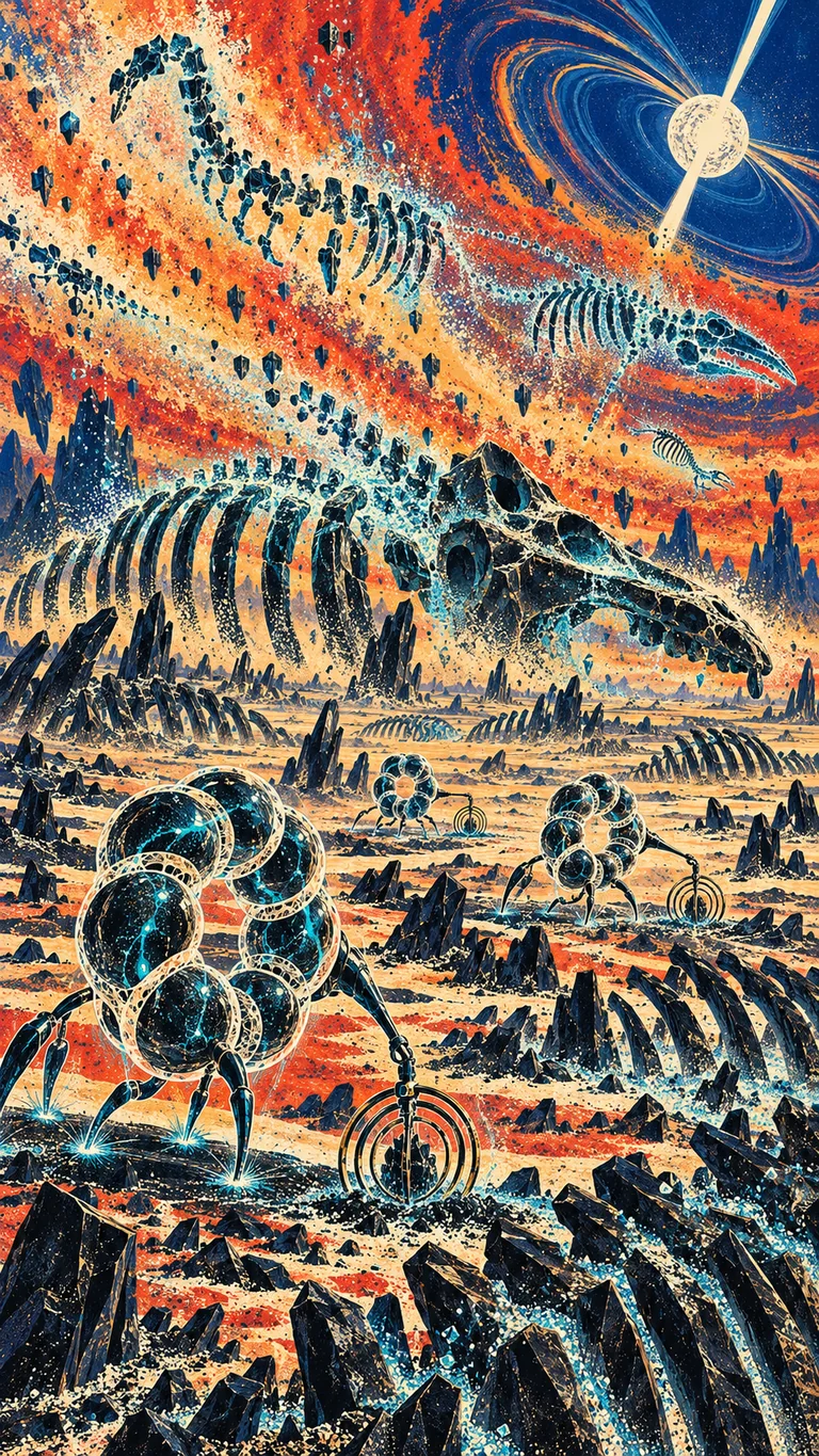 Portrait screenprint of a pulsar-lit carbon moon filled with black crystalline skeleton-like forms. Linked toroidal alien archaeologists carry Faraday-ring samplers while an orange electrostatic storm reconstructs anatomy in electric cyan.