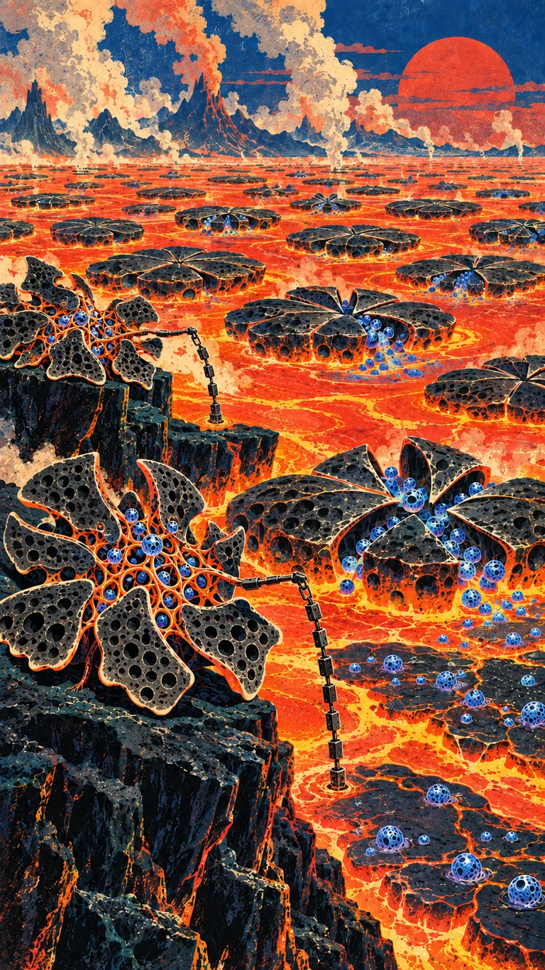 Portrait mineral-ink lithograph of abundant black porous rafts opening across an orange lava sea. Asymmetrical radiative-plate colonies use separate chain samplers while electric-blue propagules spread onto cooling crust.