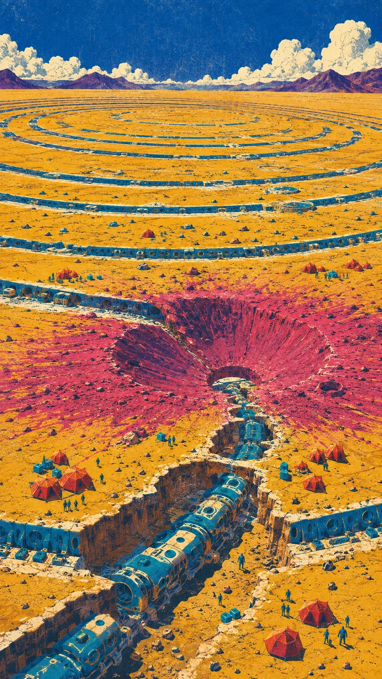 Portrait matte screenprint of concentric blue habitation routes across a golden basin. A linked route passes through a magenta impact crater while many tiny survey camps and field teams reveal the site’s scale.