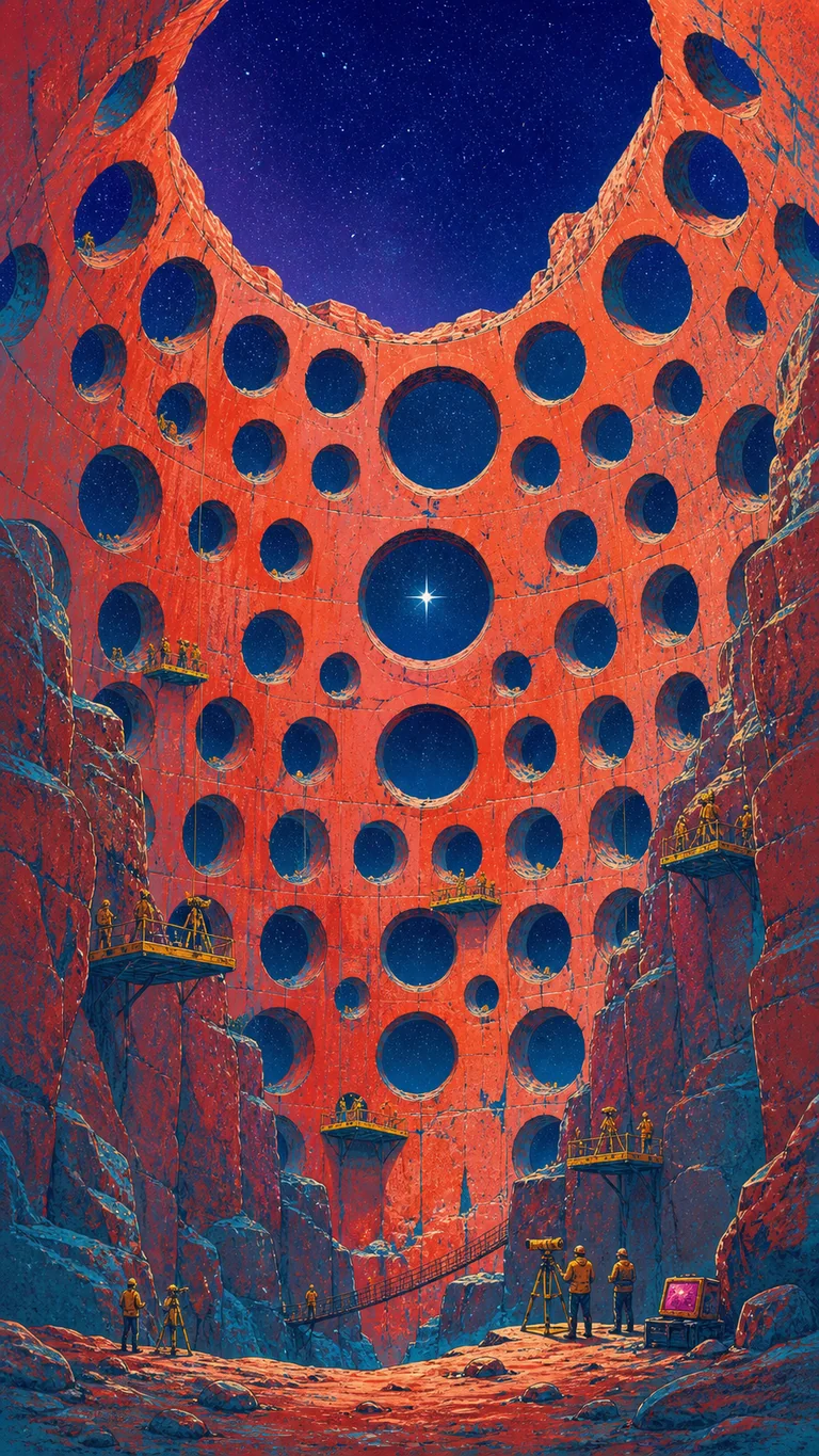 Portrait matte screenprint looking up inside a monumental coral cliff perforated by hundreds of circular apertures. Tiny survey teams occupy platforms while one central opening frames a brilliant star.