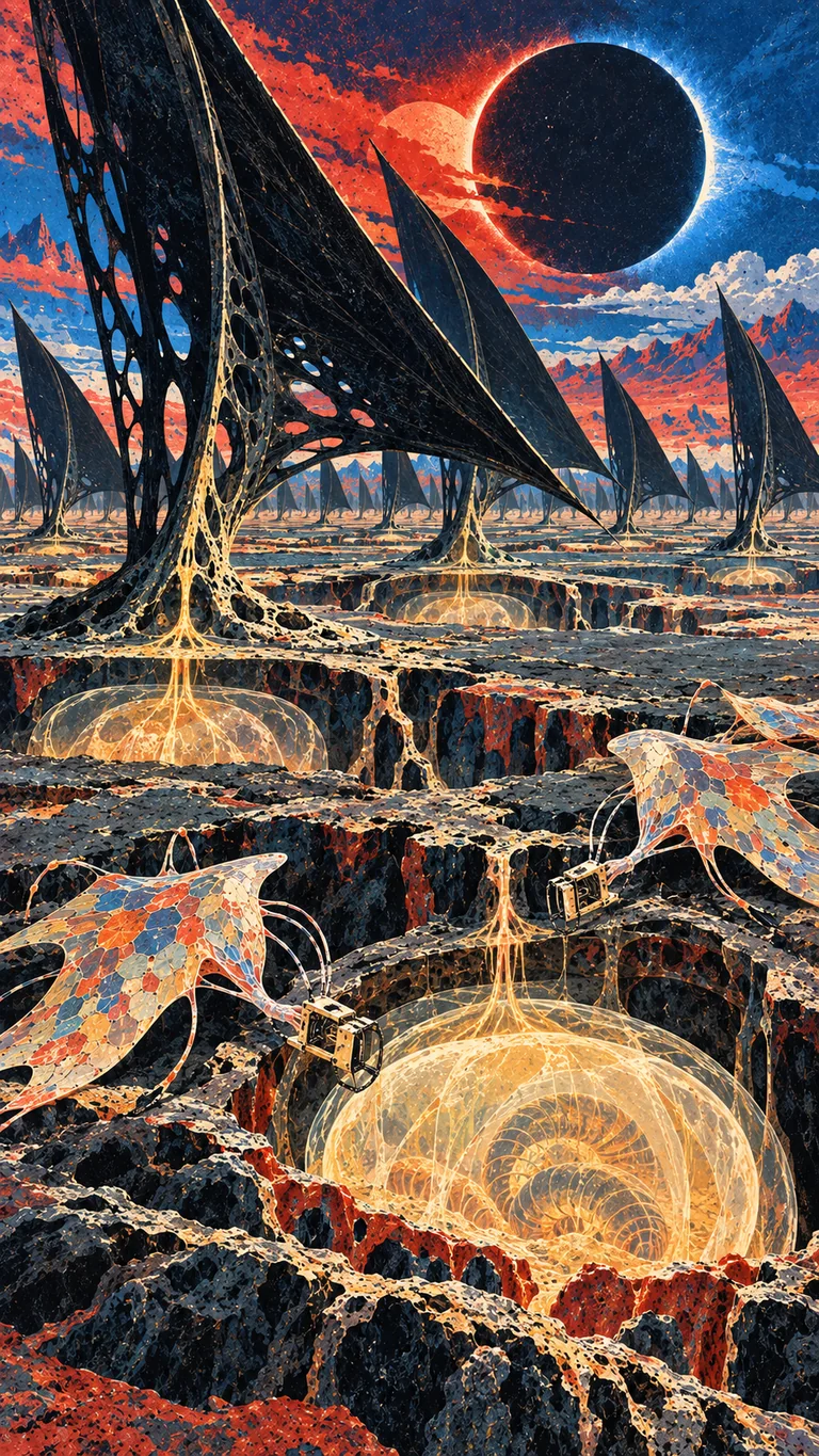 Portrait mineral-ink lithograph of immense perforated black photosynthetic sails beneath a red-and-blue eclipse. Prismatic sheet colonies inspect saffron-white heat paths leading into translucent underground nurseries.