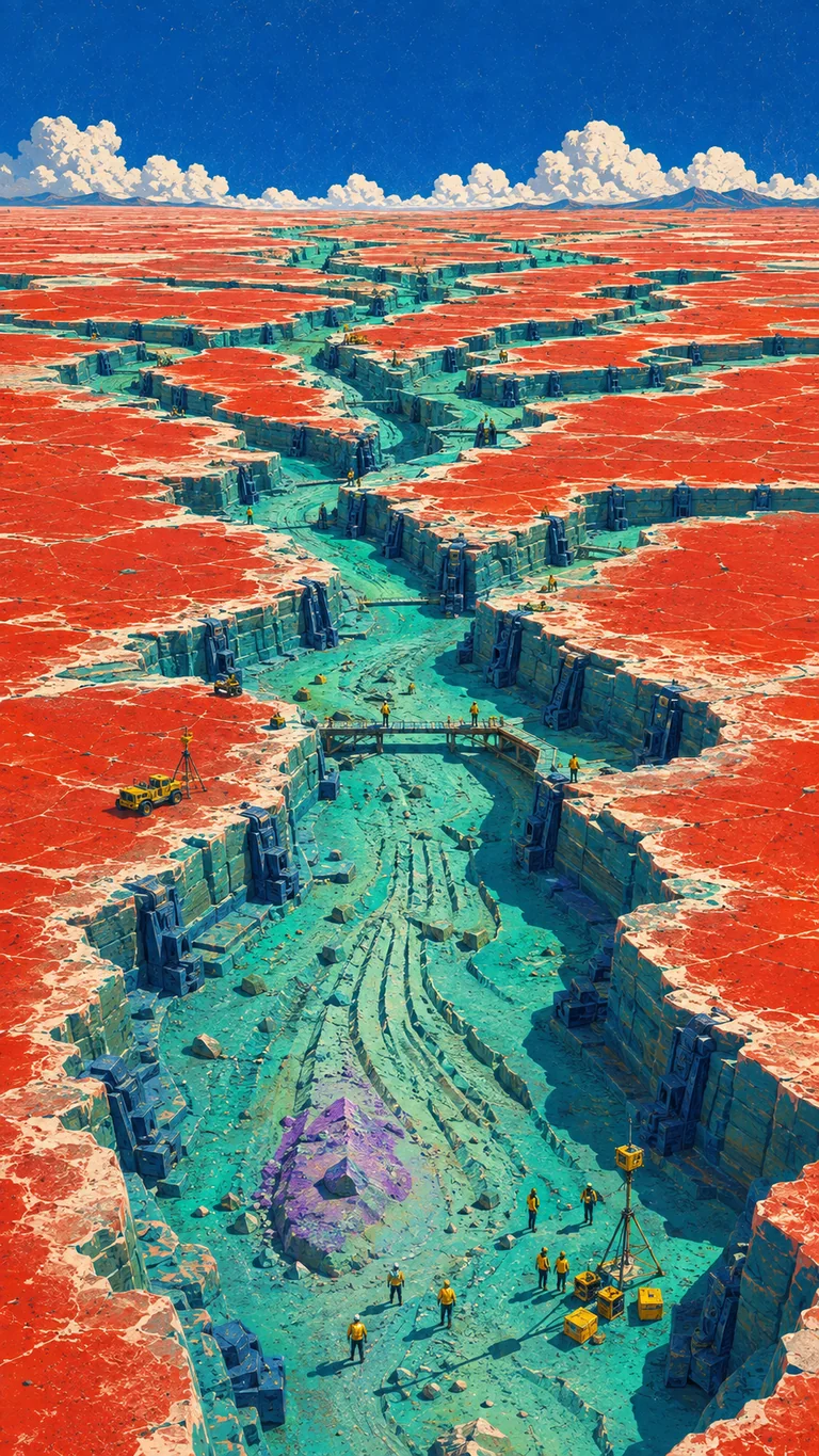 Portrait matte screenprint of a branching turquoise channel system cut through a crimson salt plain, with dark regulating structures, uphill grooves, a violet foreground deposit, and several small excavation teams.