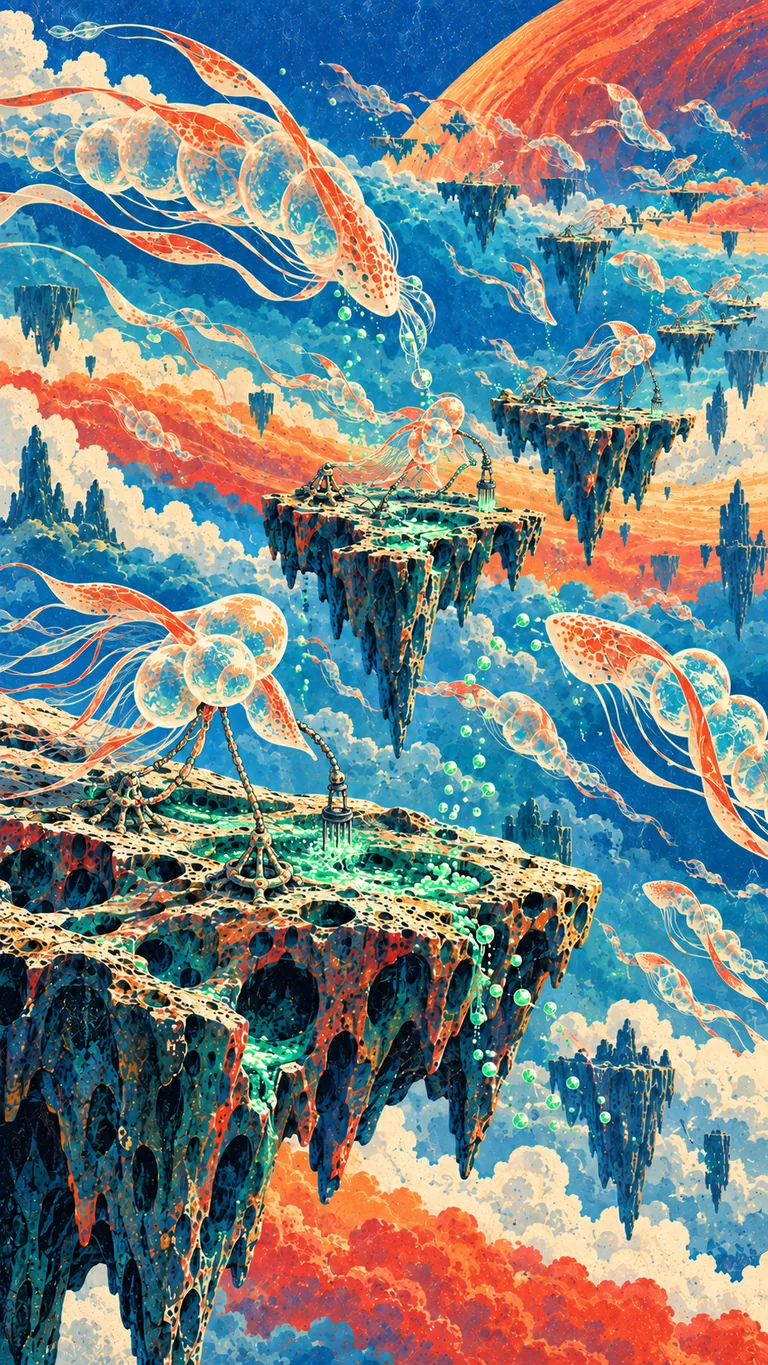 Portrait matte lithograph of floating mineral plates crossing vivid blue and coral cloud layers beneath a red planet. Radial gas-bladder archaeologists tether to the plates as translucent ribbon organisms migrate along a neon-mint chemical trail.