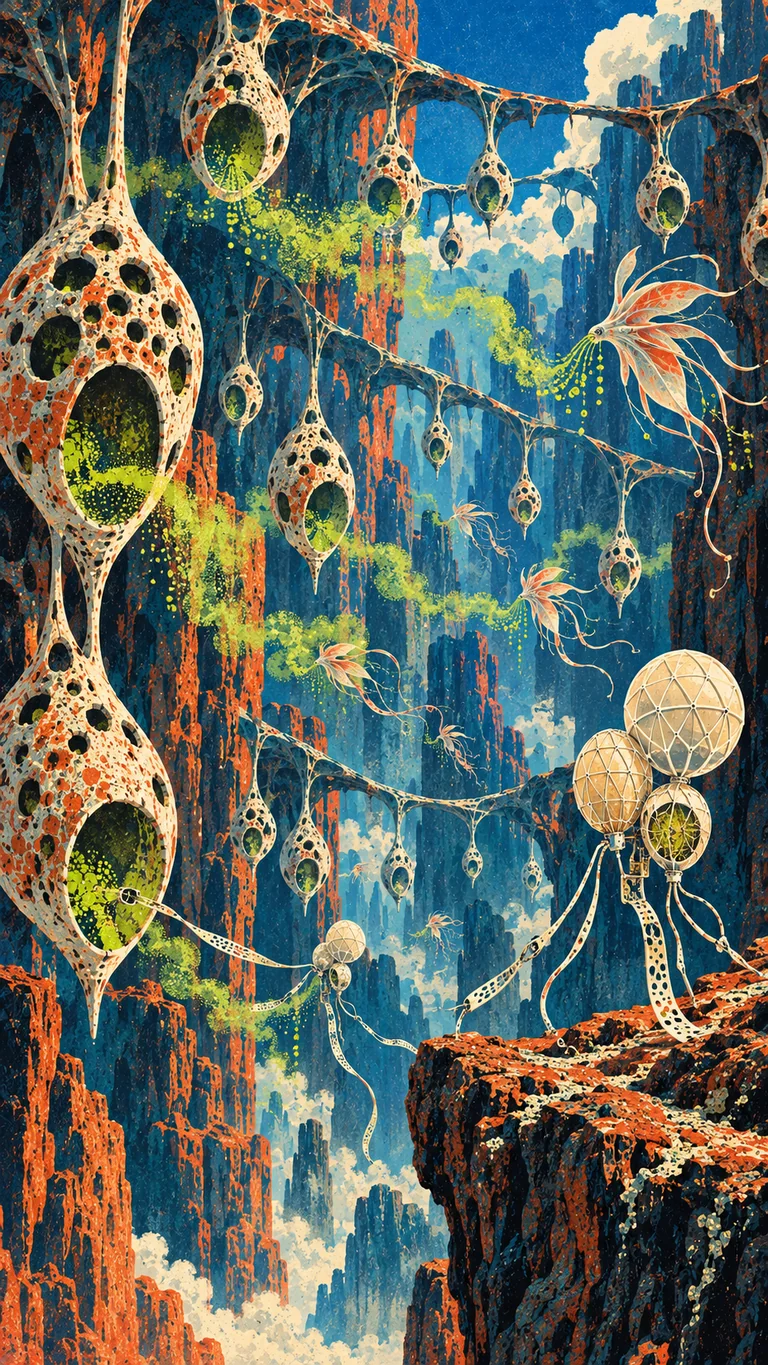 Portrait matte screenprint of hollow mineral shells suspended across a deep blue and orange atmospheric canyon. Blind lattice-balloon archaeologists sample chartreuse chemical plumes as veil organisms respond downwind.