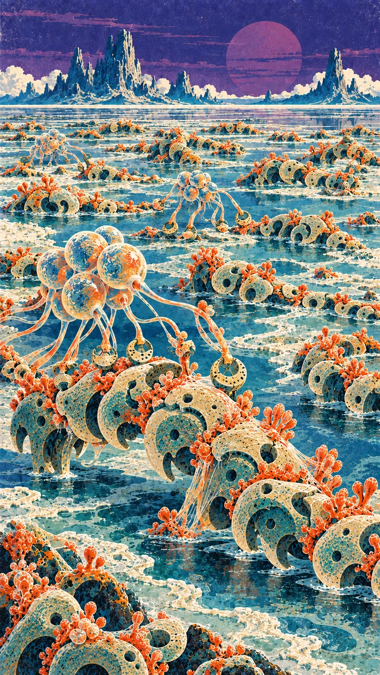 Portrait matte lithograph of alkaline mineral shoals filled with asymmetrical articulated calcareous forms and orange-red living growth. Translucent multi-bodied knot colonies examine them with separate comb instruments.