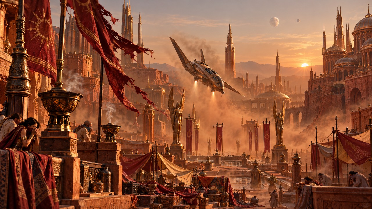 A dust-filled Martian city with a struggling airship at sunset.