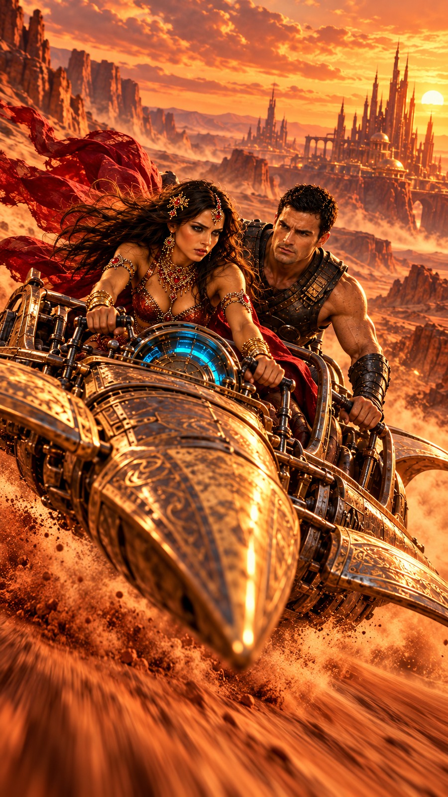 Dejah and John fly a bronze two-person craft across the Martian desert.