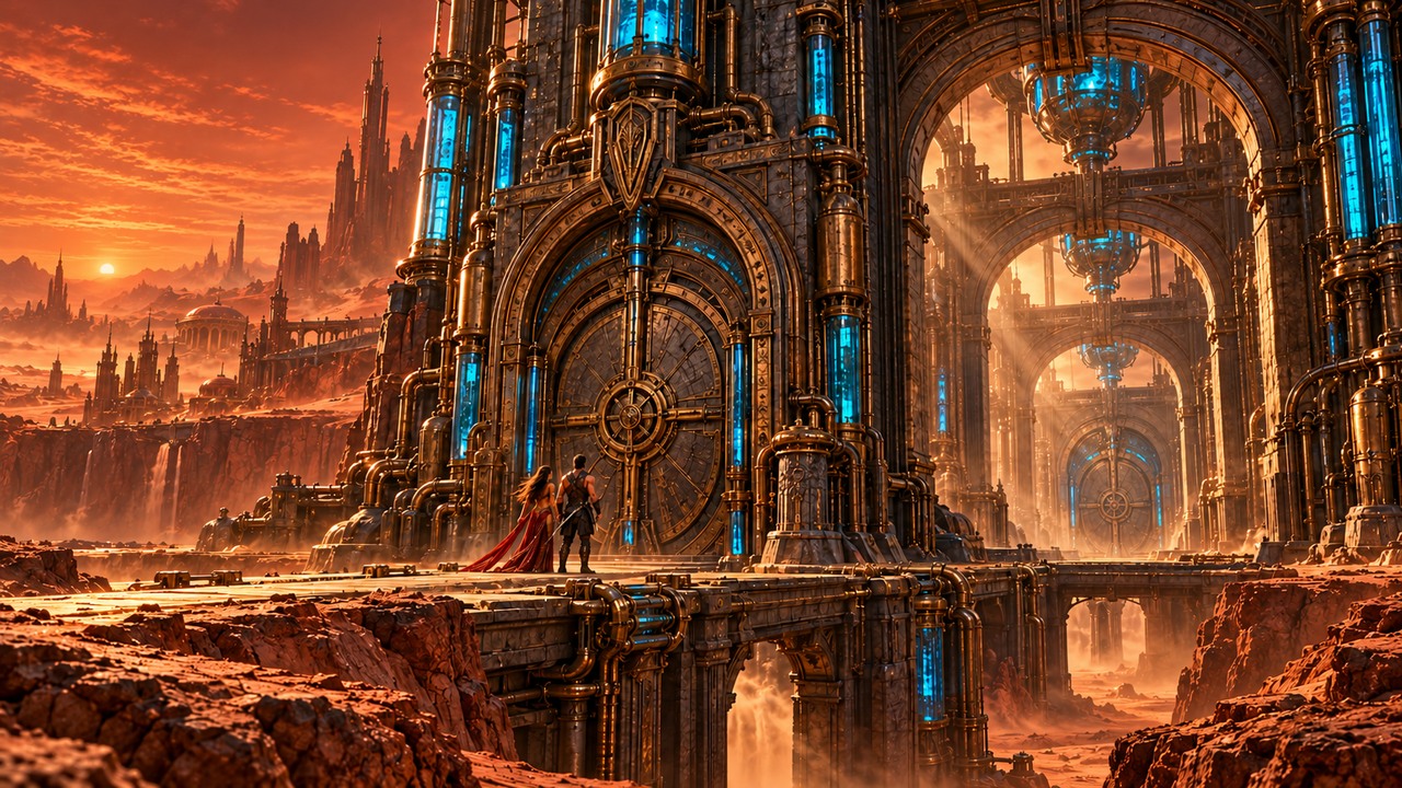 The huge bronze atmosphere plant stands against an orange sky, with three doors and dim blue conduits.