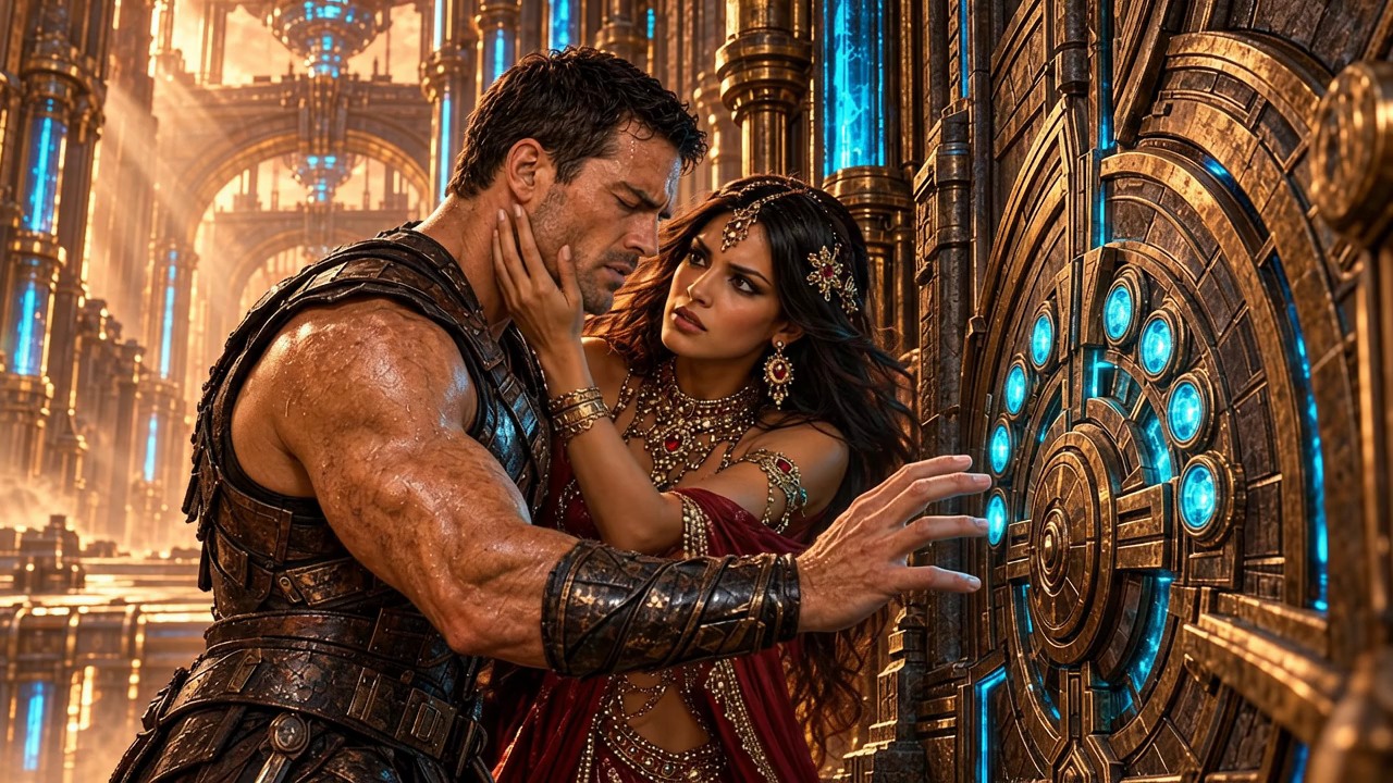 John and Dejah face a bronze thought-lock with blue lights.