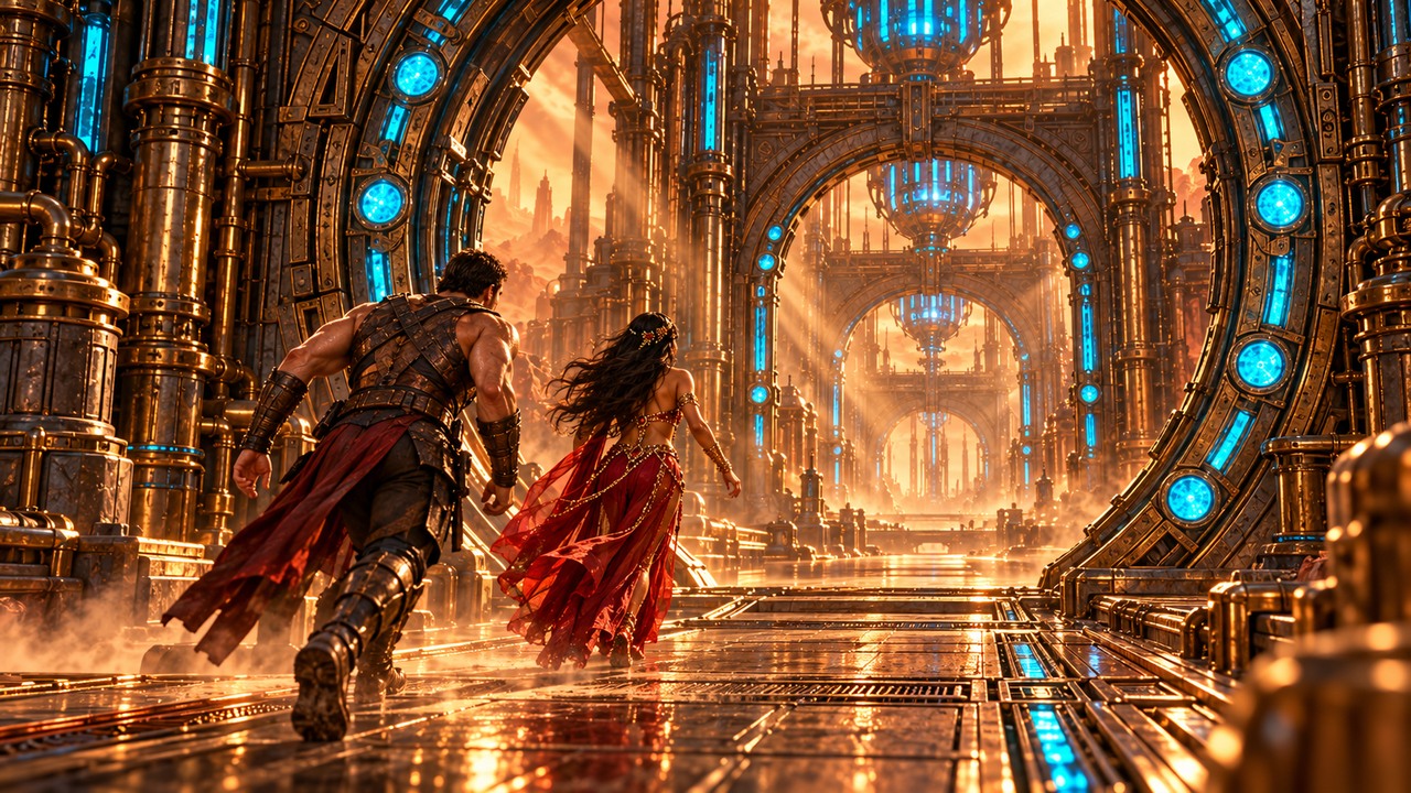 John and Dejah run through three open bronze portals toward the atmosphere pump.