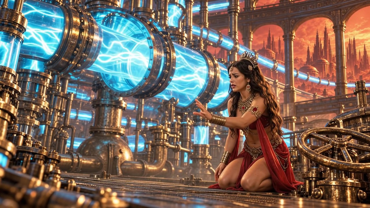 Dejah kneels alone beside the now-running atmosphere pump.