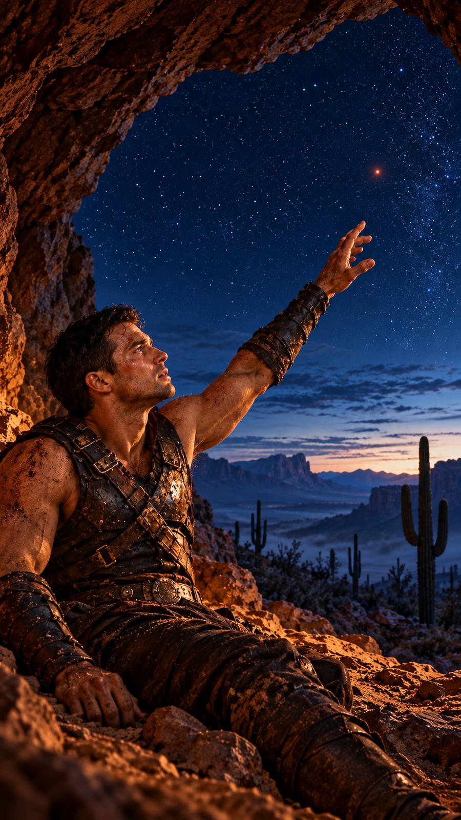 John reaches from an Arizona cave toward a distant red Mars in the night sky.