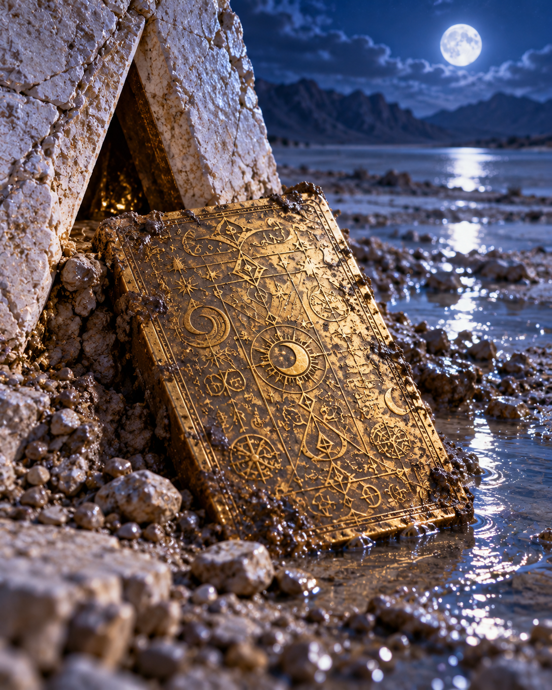 Ancient golden tablet beside triangular opening in exposed lakebed stone; marks decorative, not readable; no people.