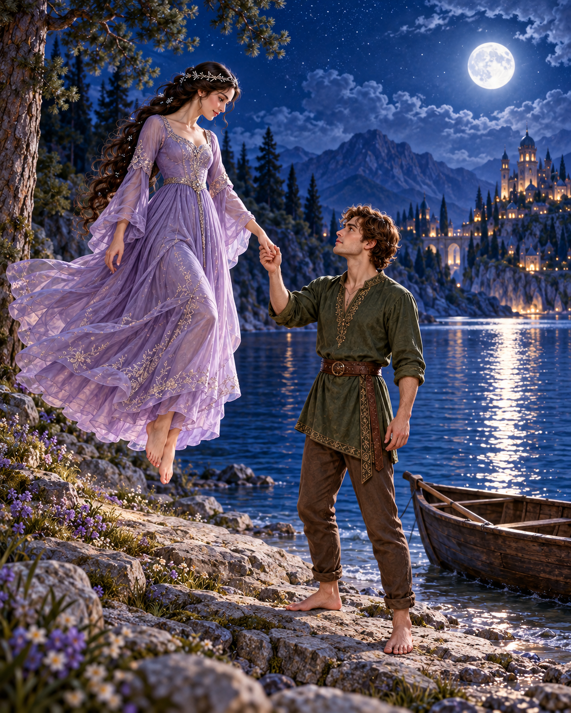 Prince on shore holding hand of princess floating a foot above ground, moonlit lake behind.