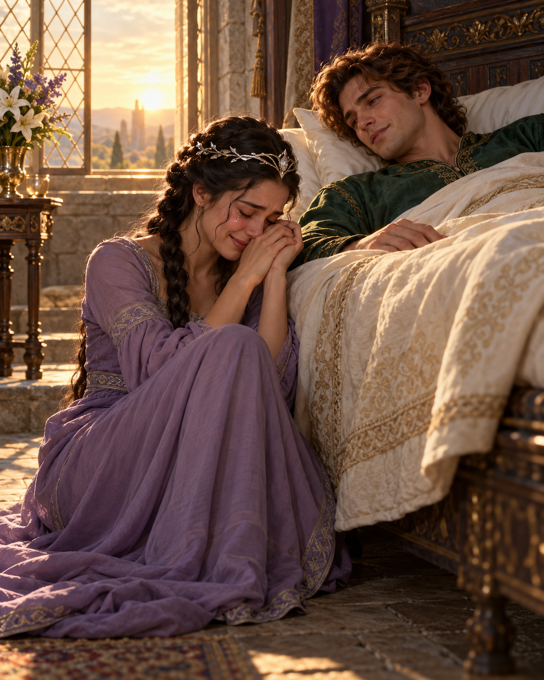 Princess seated firmly on floor beside bed, tears visible; prince awake beneath blanket looking toward her.