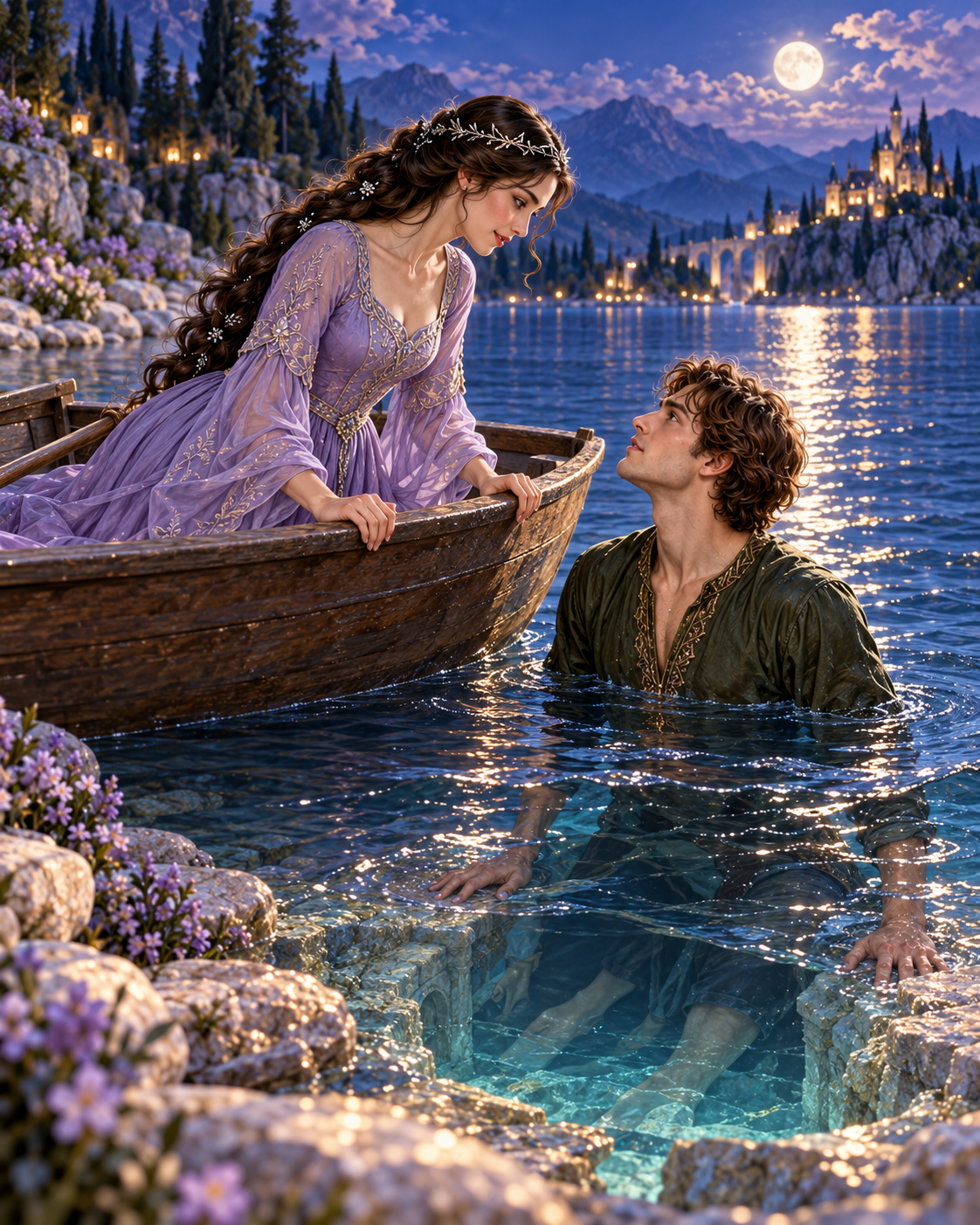 Princess gripping boat rim looking at prince; water at his shoulders, twilight.