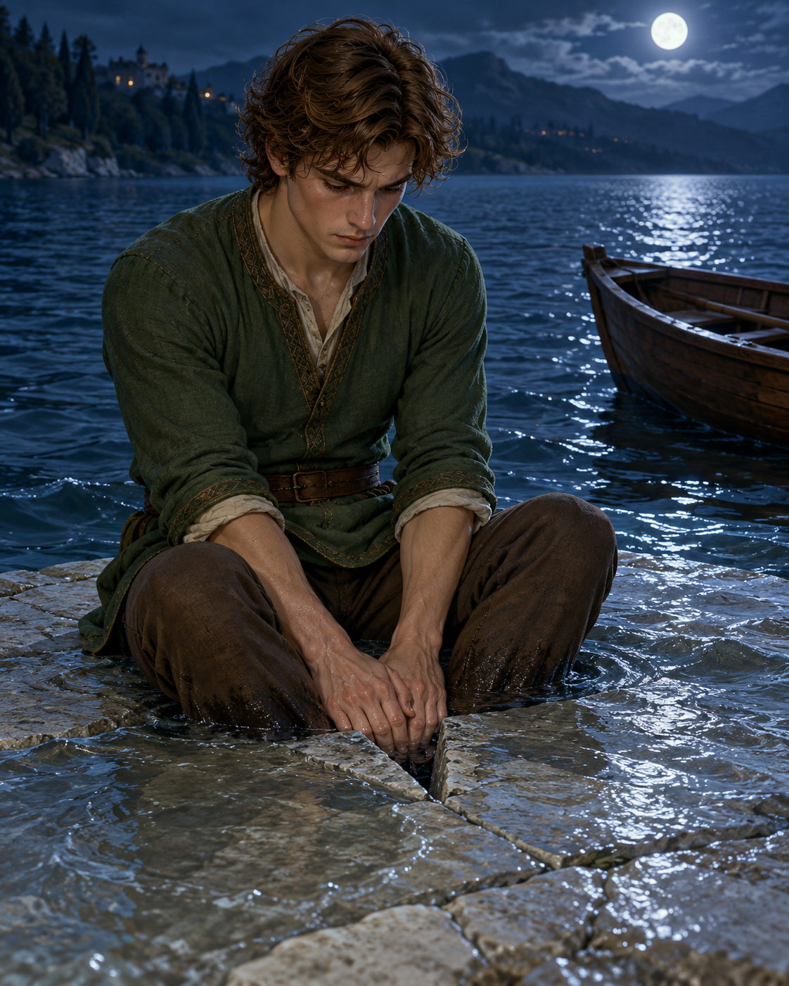 Prince seated firmly over stone opening, legs below and hands sealing remaining gap, water just over stone; boat beside him.