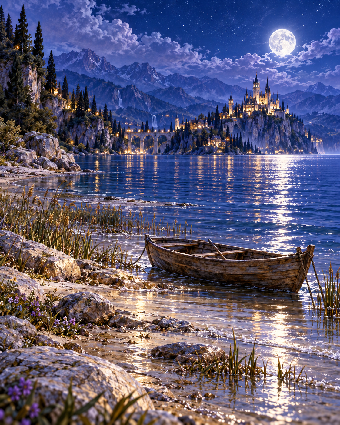 Wide lake landscape with broad exposed wet shoreline and stranded reeds; no aunt pictured.