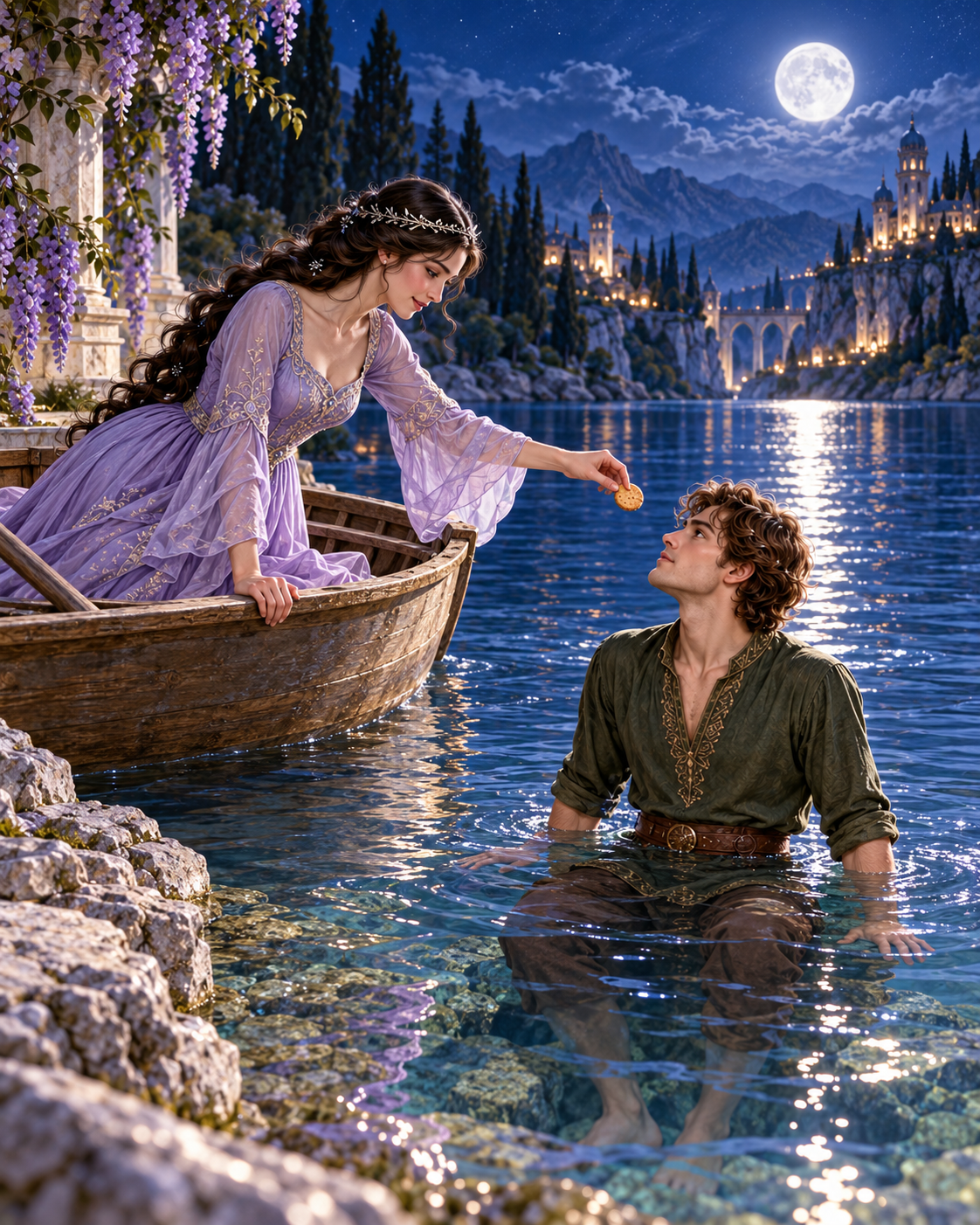 Princess leaning from boat toward prince, offering small biscuit; water at his waist, his hands remain pressed down.
