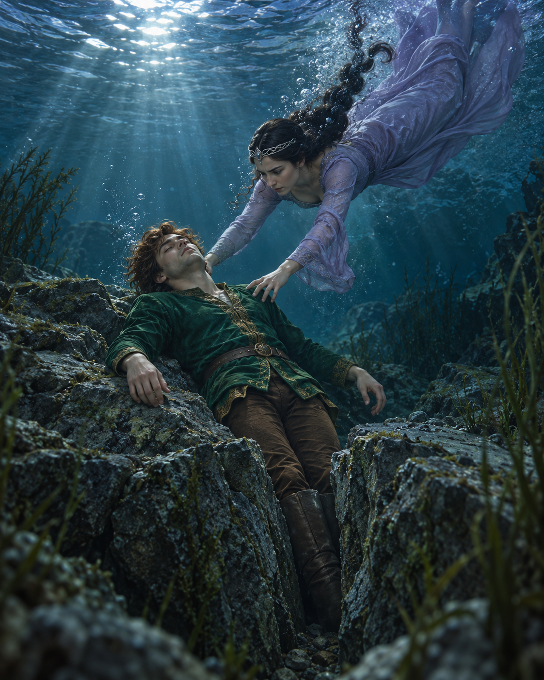 Underwater princess reaching toward prince’s shoulder, both modestly clothed; faint moonlight above, no gore.